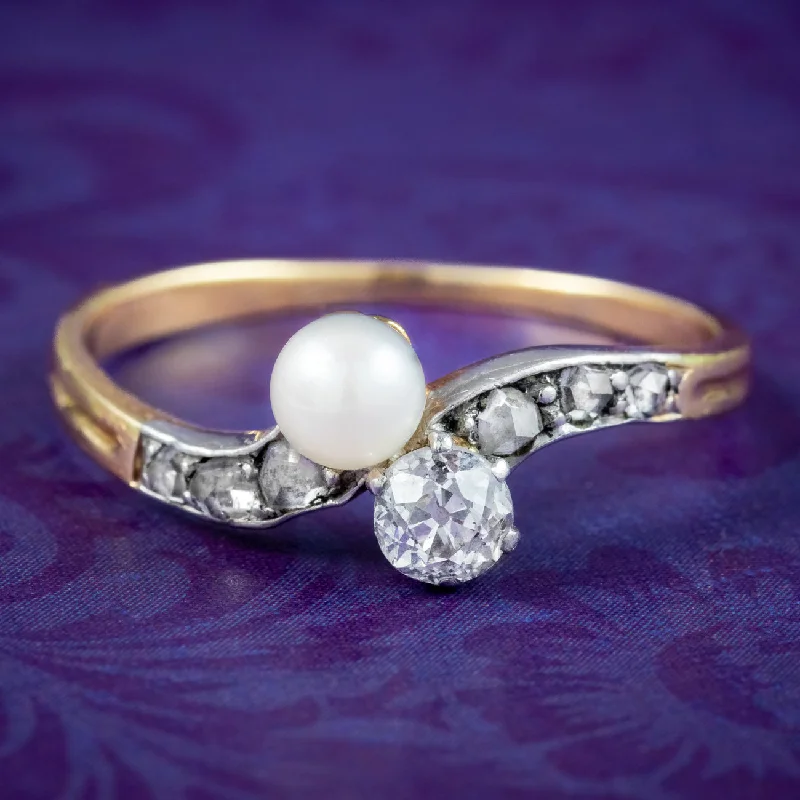 ladies-custom-rose-gold-rings-Antique Edwardian Diamond Pearl Toi Et Moi Twist Ring