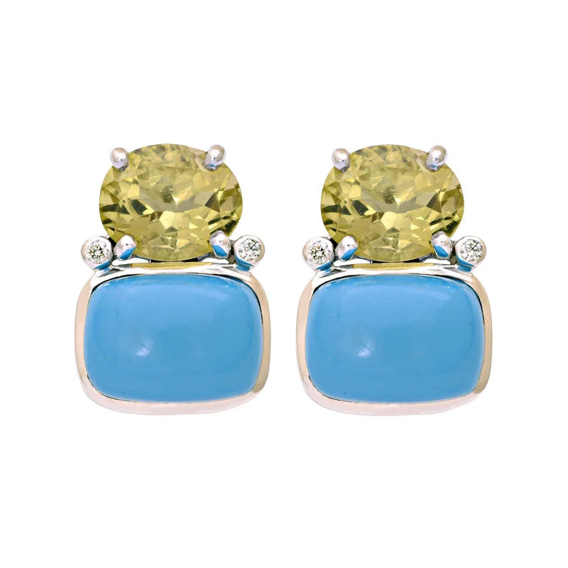 ladies-vintage-rose-gold-earrings-Earrings- Lemon Quartz, Synthetic Turquoise And Diamond (228AS)