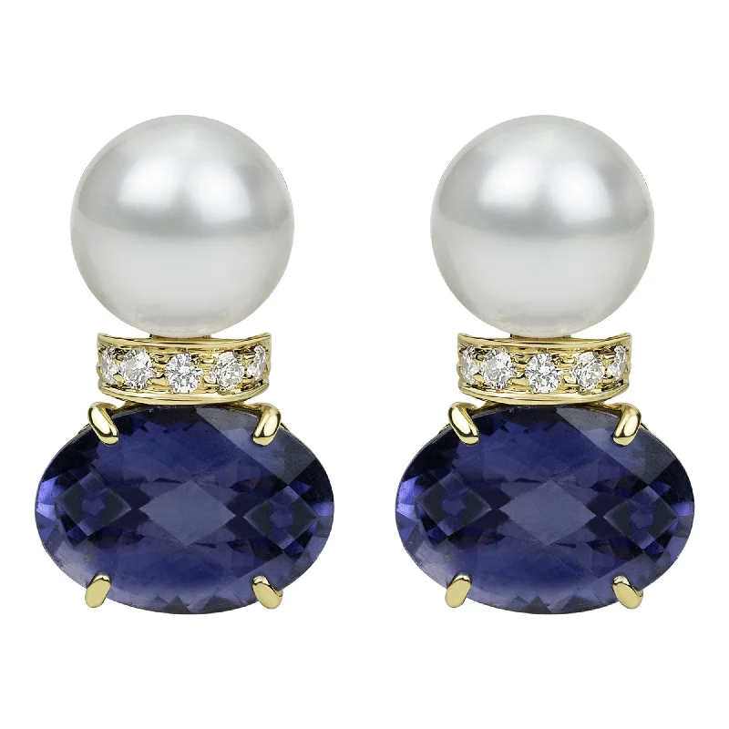 ladies-modern-silver-earrings-Earrings - South Sea Pearl, Iolite And Diamond