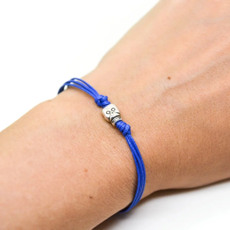 Ladies bracelets with forest jade -Silver skull bead bracelet, blue cord, gift wrapped