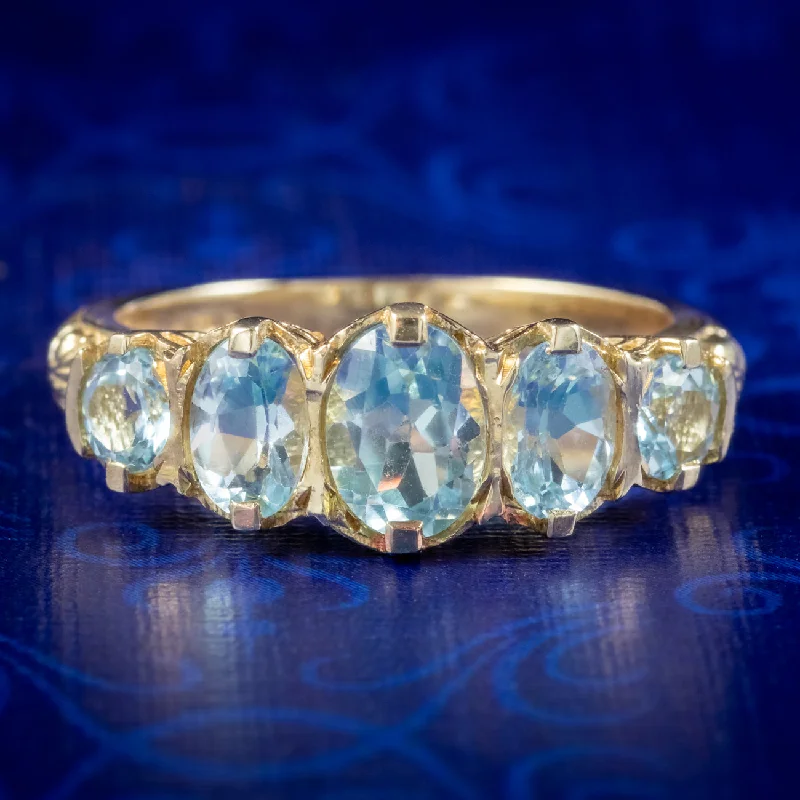 ladies-radiant-cut-rose-gold-rings-Victorian Style Blue Topaz Five Stone Ring 9ct Gold 2.5ct Of Topaz