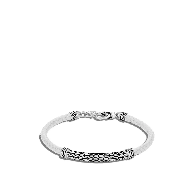 Ladies bracelets expert shine -Classic Chain Silver Station Bracelet on White Woven Leather