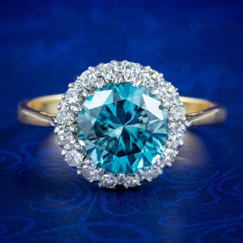 ladies-pear-cut-rose-gold-rings-Antique Edwardian Blue Zircon Diamond Cluster Ring 3.2ct Zircon