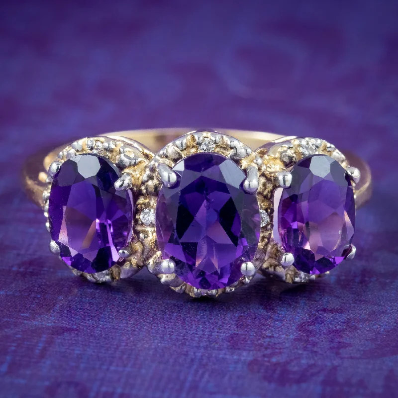 ladies-wedding-rose-gold-rings-Victorian Style Amethyst Diamond Trilogy Ring