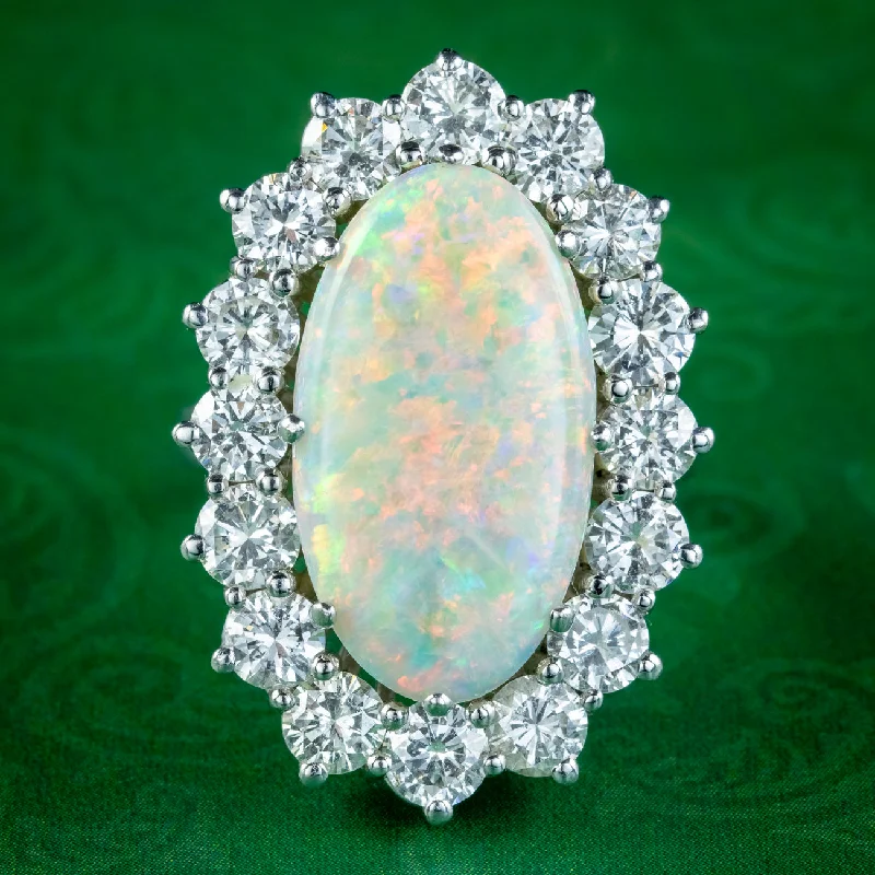 ladies-silver-stackable-rings-Vintage Opal Diamond Cocktail Ring 12ct Opal 4ct Diamond