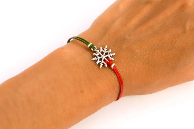 Ladies bracelets with tulip charms -Women bracelet with silver snow flake charm, red and green cords