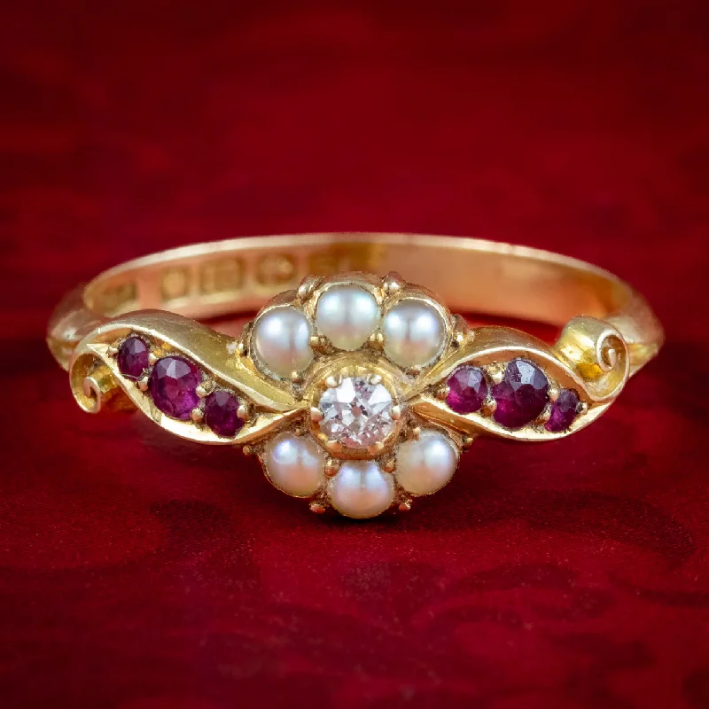 ladies-emerald-cut-diamond-rings-Antique Edwardian Ruby Diamond Pearl Cluster Ring Dated 1906