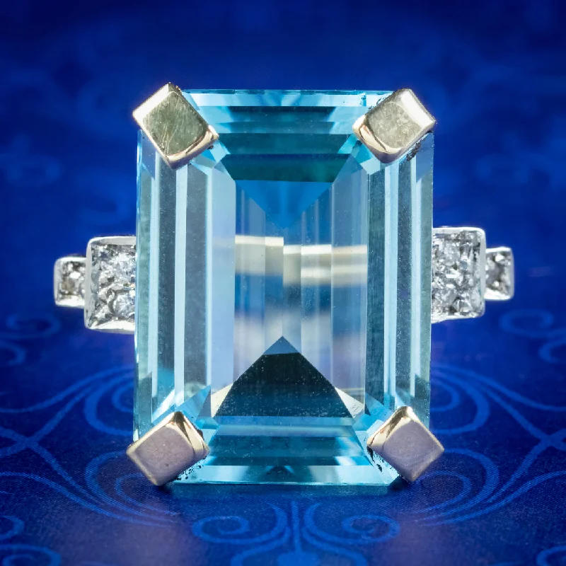 ladies-white-gold-halo-rings-Art Deco Style Blue Topaz Diamond Cocktail Ring 26ct Topaz