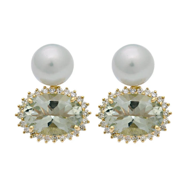 ladies-gold-thread-earrings-Earrings-Green Quartz, South Sea Pearl and Diamond