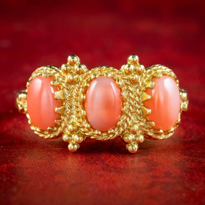 ladies-custom-gold-rings-Victorian Style Coral Trilogy Ring