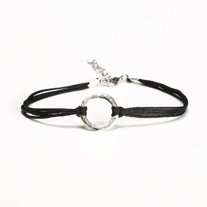 Ladies bracelets detailed elegance -Karma bracelet, black cord, silver circle charm, yoga gift for her, festival jewelry