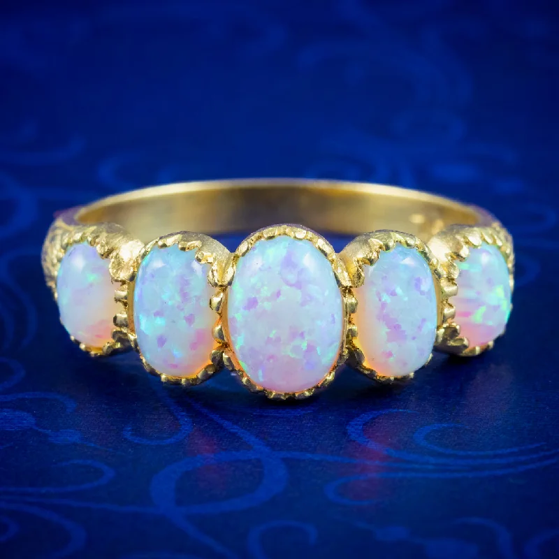 ladies-diamond-classic-rings-Victorian Style Opal Five Stone Ring 18ct Gold On Silver