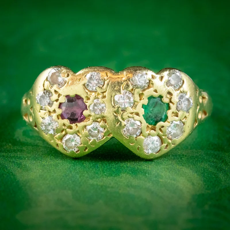 ladies-affordable-diamond-rings-Vintage Ruby Emerald Diamond Double Heart Ring 18ct Gold Dated 1979