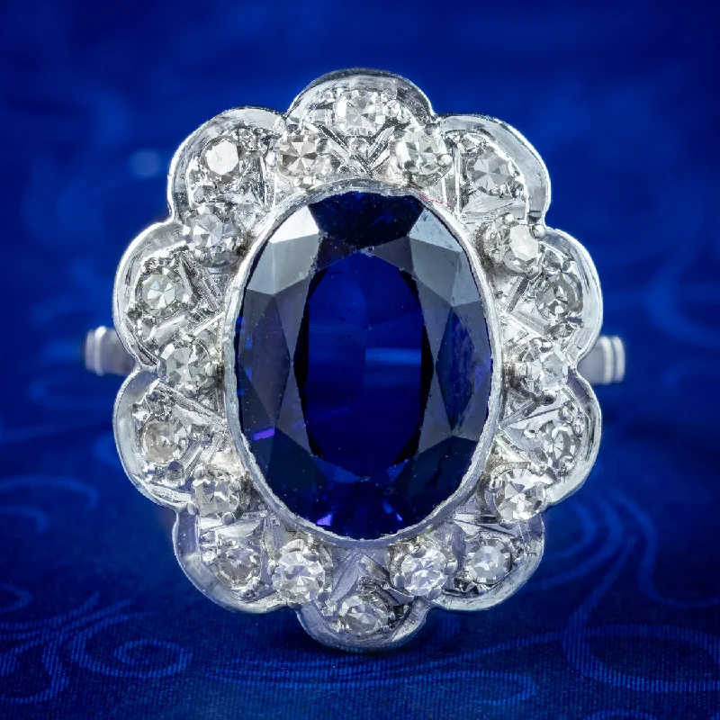 ladies-asscher-cut-emerald-rings-Antique Edwardian Blue Sapphire Diamond Cluster Ring 4.2ct Synthetic Sapphire