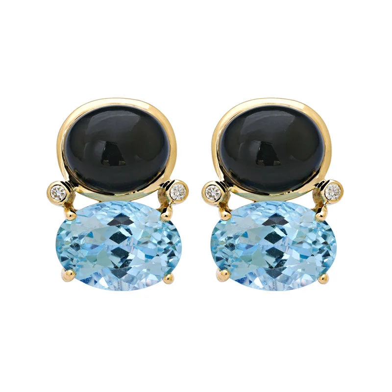 ladies-gold-bar-earrings-Earrings-Black Onyx, Blue Topaz and Diamond