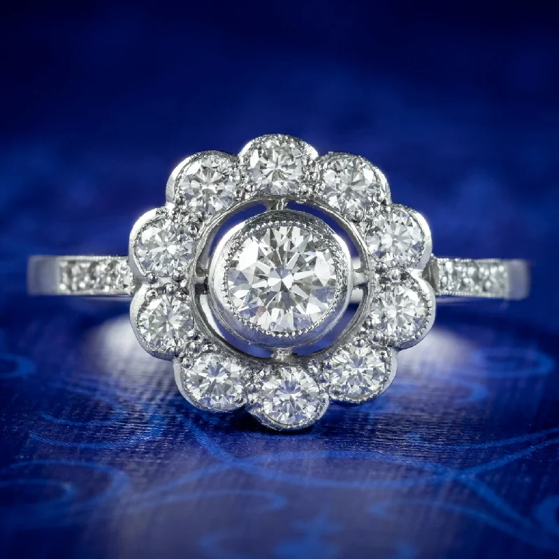 ladies-silver-three-stone-rings-Edwardian Style Diamond Daisy Cluster Ring 0.95ct Of Diamond