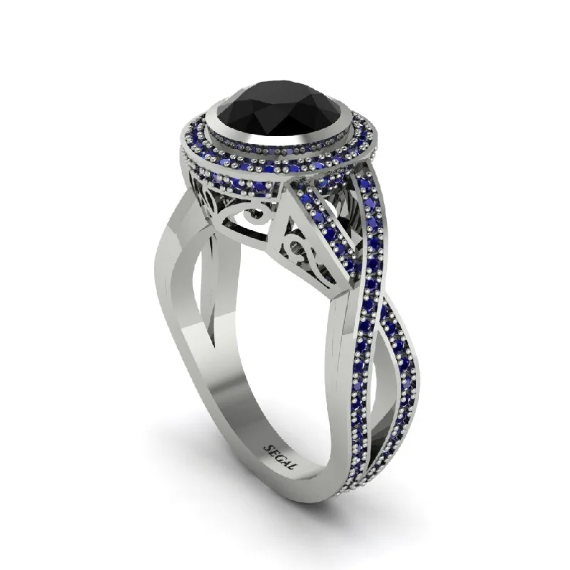 engagement-radiant-cut-platinum-ring-Black Diamond Filigree Halo Twist Shank Engagement Ring - Wren No. 69