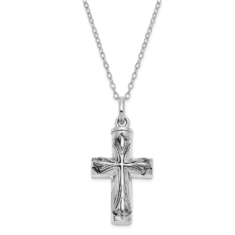 Ladies necklaces for book clubs -Rhodium Plated Sterling Silver Antiqued Cross Ash Holder Necklace