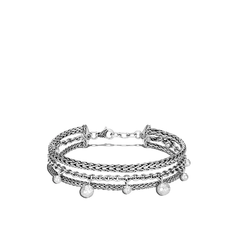 Ladies bracelets trendy flair -Classic Chain Hammered Silver Multi Row Bracelet