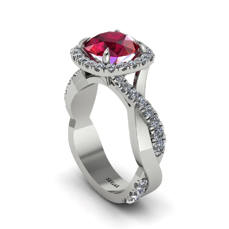 engagement-birthstone-diamond-ring-Ruby Twist Shank Halo Engagement Ring - Cheyenne No. 12