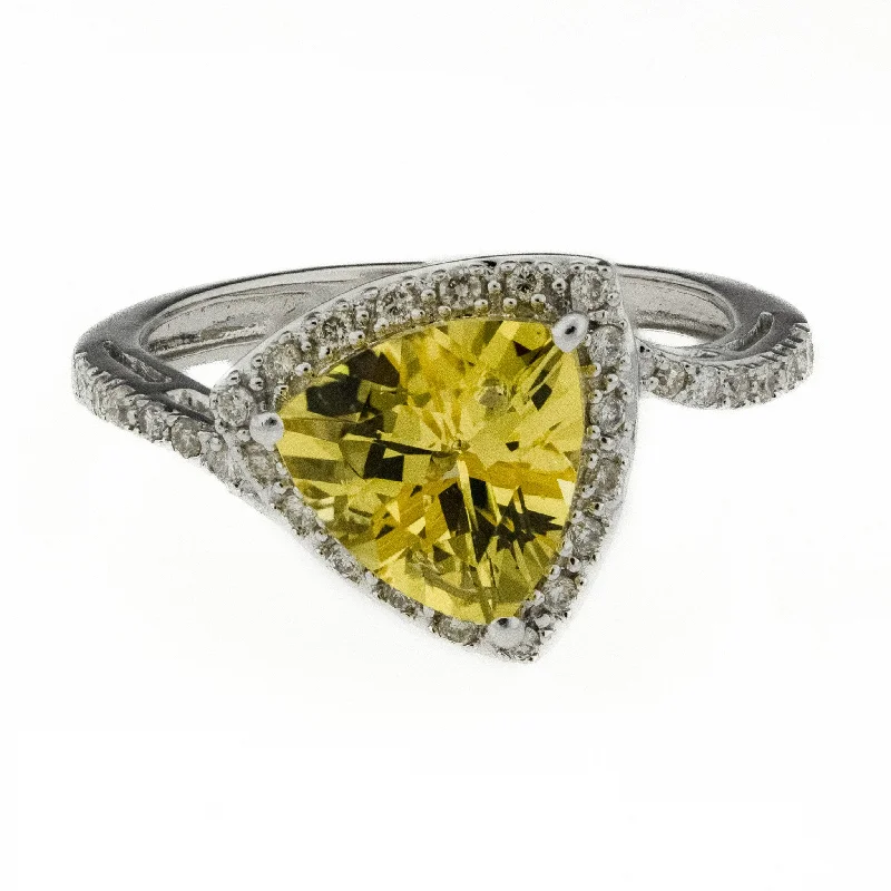 ladies-emerald-cut-diamond-rings-1.25ctw Yellow Beryl with Diamond Accents Ring in 14K White Gold - Size 5.5