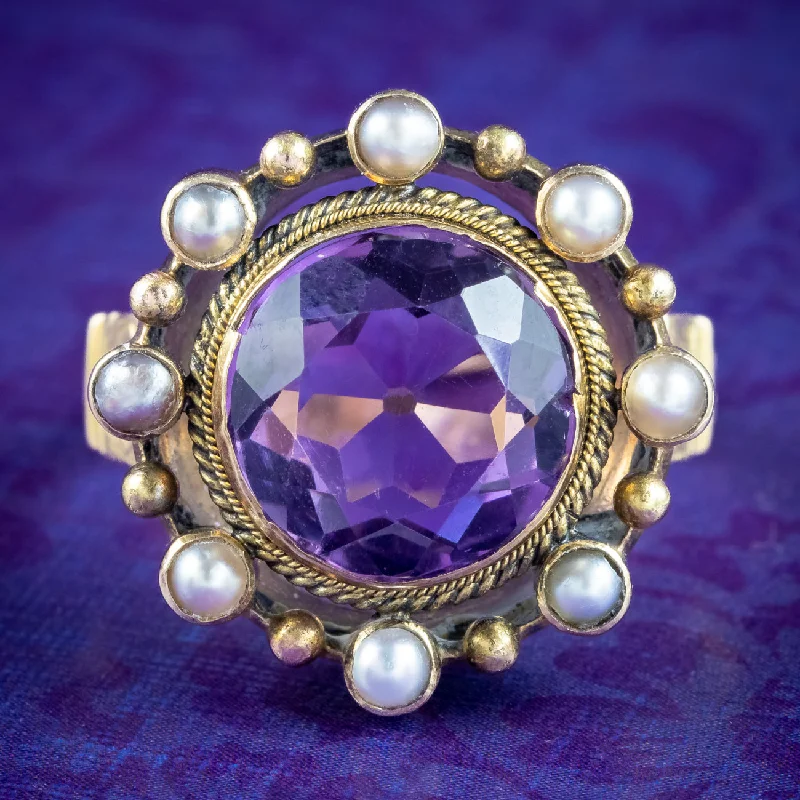 ladies-minimalist-gold-rings-Antique Victorian Amethyst Pearl Cluster Ring 6ct Amethyst