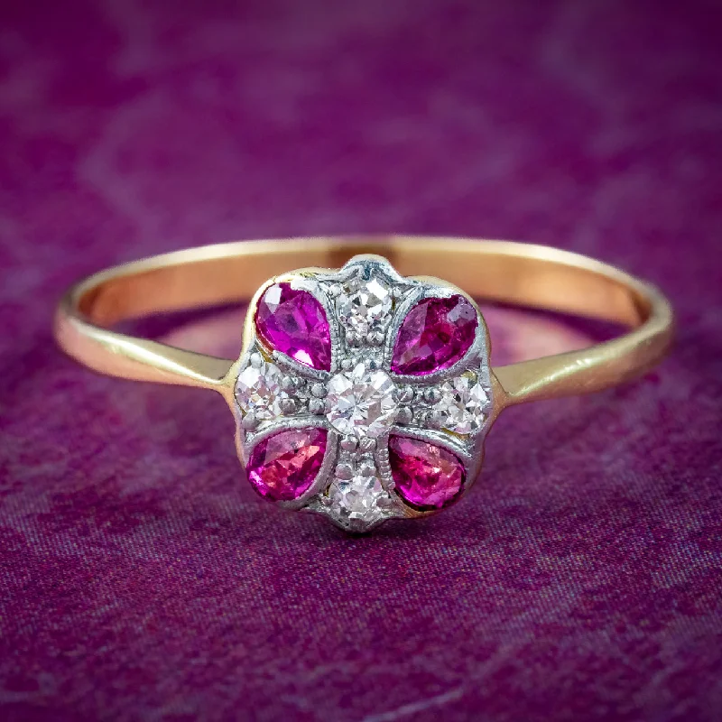 ladies-oval-pearl-rings-Antique Art Deco Ruby Diamond Cluster Ring