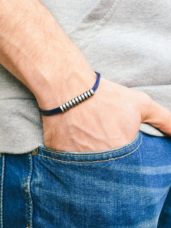 Ladies bracelets personalized engravings -Long striped silver bar bracelet for men, blue cord, gift for him