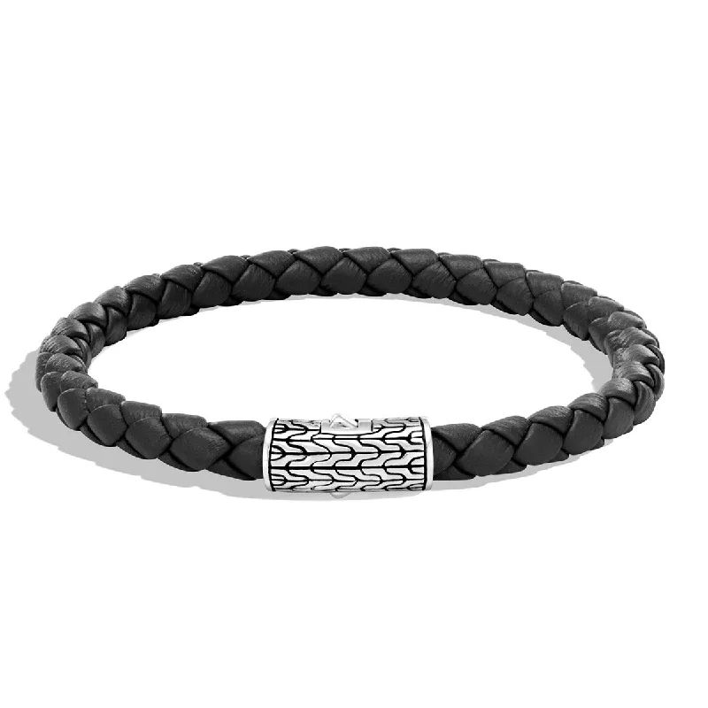 Ladies bracelets slim elegance -Classic Chain Silver Round Woven Bracelet on Black Leather Cord