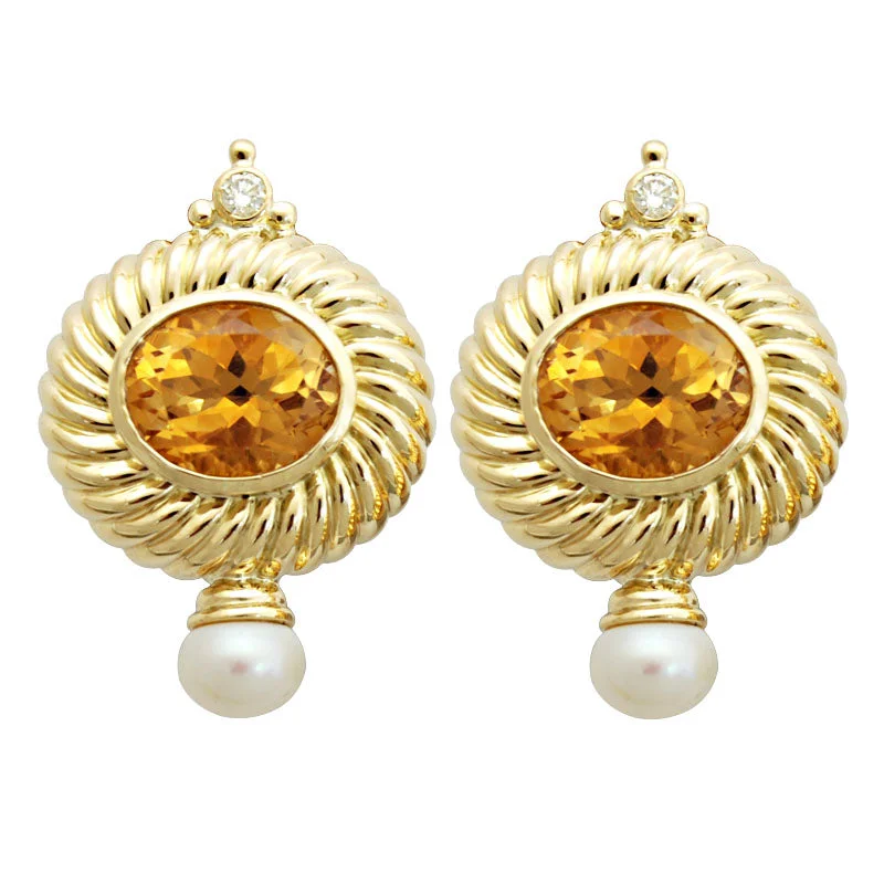 ladies-elegant-gold-earrings-Earrings-Citrine, Pearl and Diamond