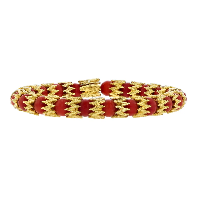 Ladies bracelets subtle links -18K Yellow Gold Ox Blood Coral Bead Bracelet