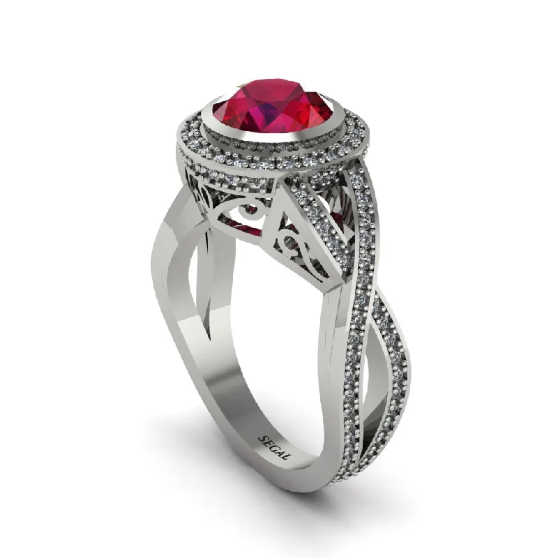 engagement-rose-gold-twist-ring-Ruby Filigree Halo Twist Shank Engagement Ring - Wren No. 12