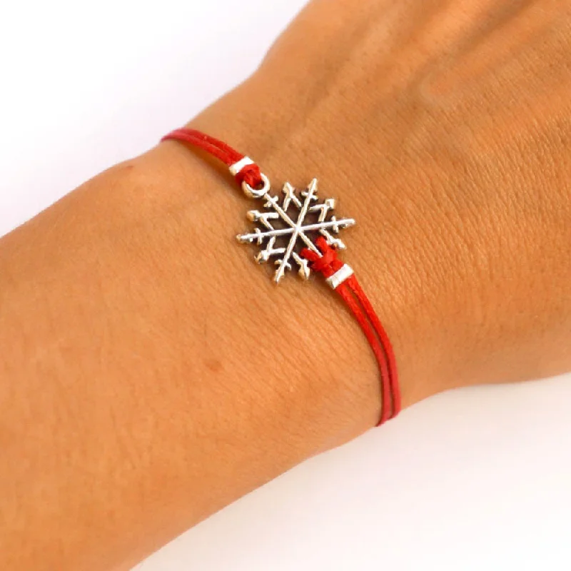 Ladies bracelets with plume charms -Women bracelet with silver snow flake charm, red cord