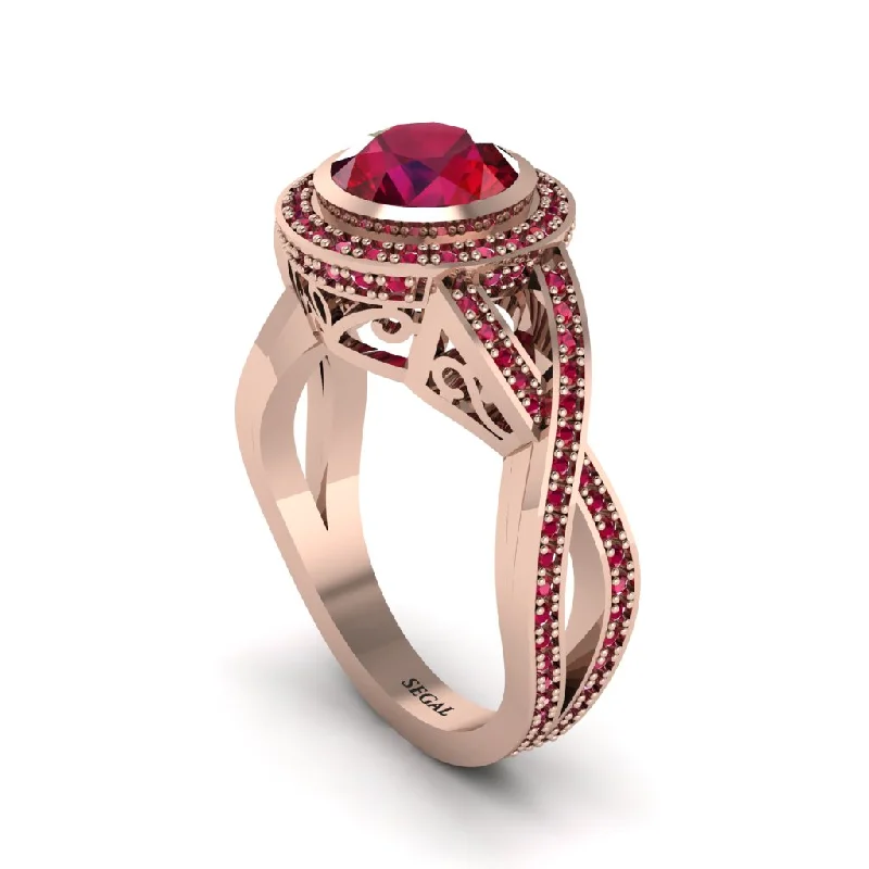 engagement-gold-filigree-ring-Ruby Filigree Halo Twist Shank Engagement Ring - Wren No. 56