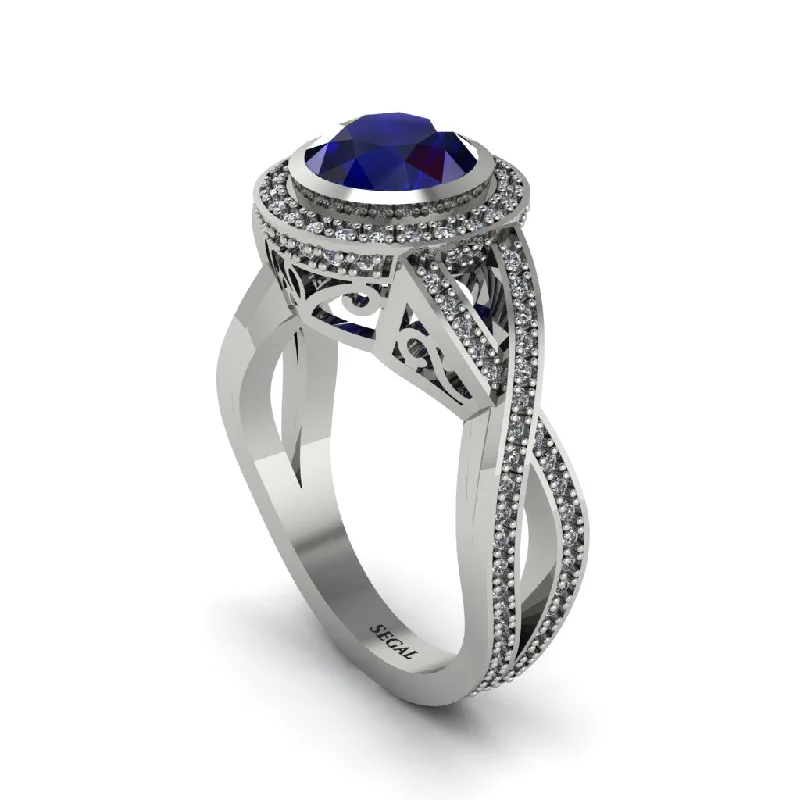 engagement-affordable-diamond-ring-Sapphire Filigree Halo Twist Shank Engagement Ring - Wren No. 15