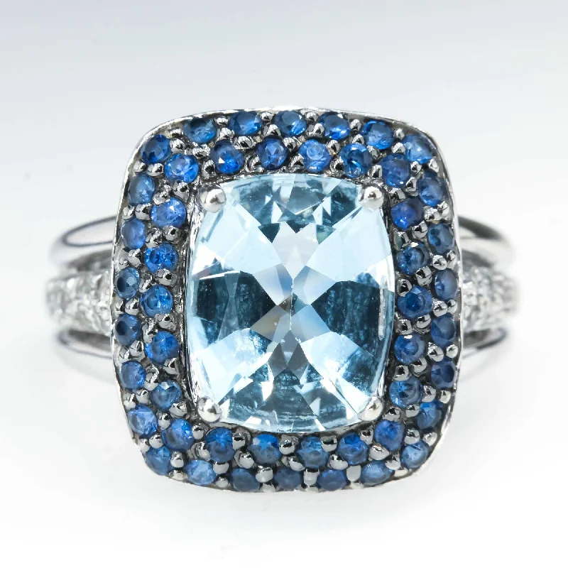 ladies-round-sapphire-rings-Aquamarine with Created Sapphire and White Topaz Accented Ring in 14K White Gold