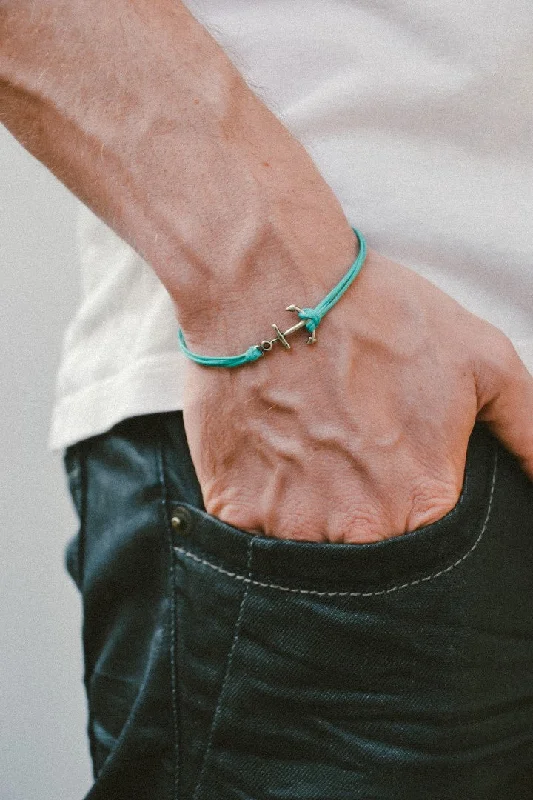 Ladies bracelets cutting-edge fashion -Silver anchor bracelet for men, turquoise cords