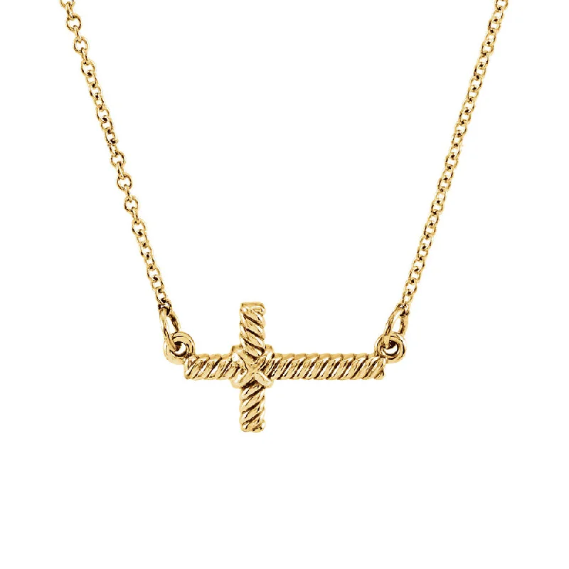 Ladies necklaces for twin sisters -16mm Sideways Rope Cross Necklace in 14k Yellow Gold, 16.5 Inch