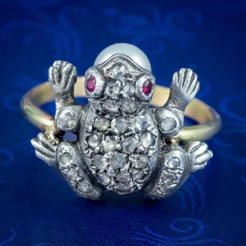 ladies-emerald-solitaire-rings-Victorian Style Diamond Pearl Frog Ring Ruby Eyes