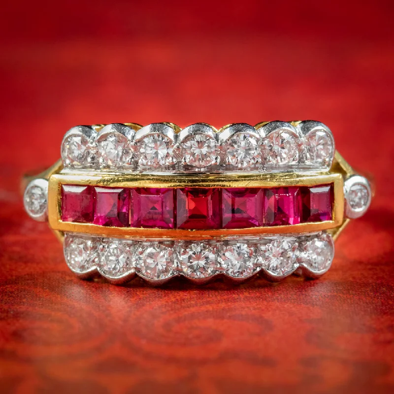 ladies-radiant-cut-platinum-rings-Art Deco Style Ruby Diamond Cluster Ring Dated 1983