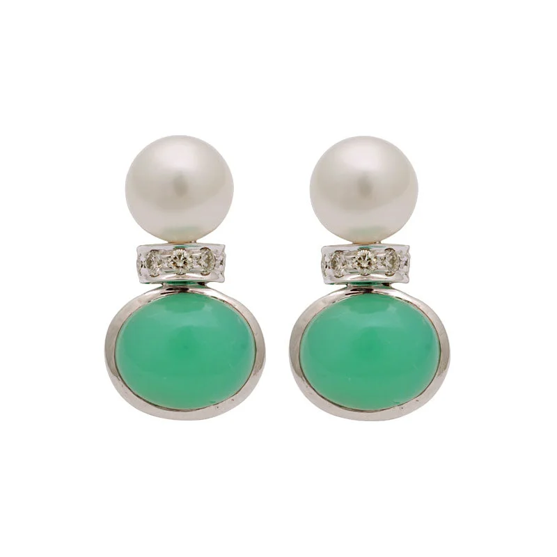 ladies-gold-bar-earrings-Earrings-Chrysoprase, South Sea Pearl and Diamond