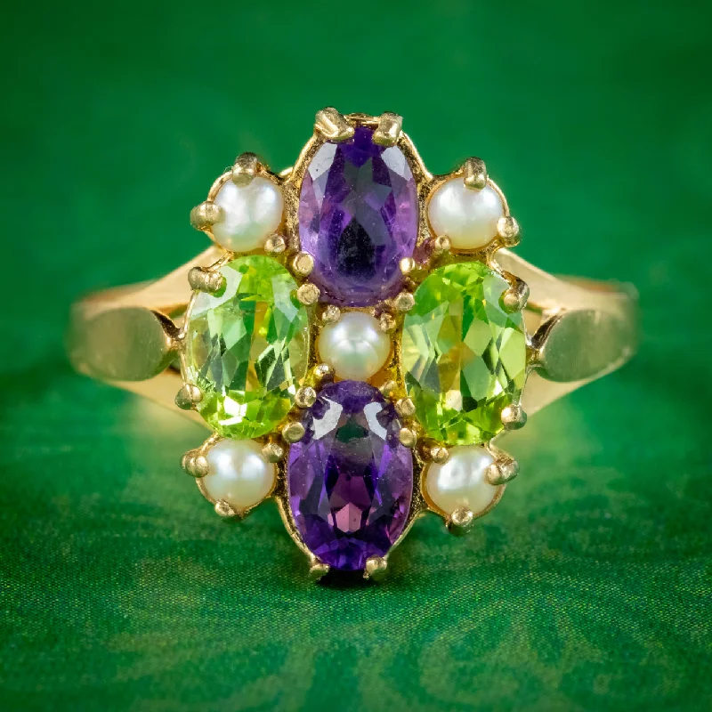 ladies-silver-classic-rings-Edwardian Suffragette Style Cluster Ring Peridot Amethyst Pearl