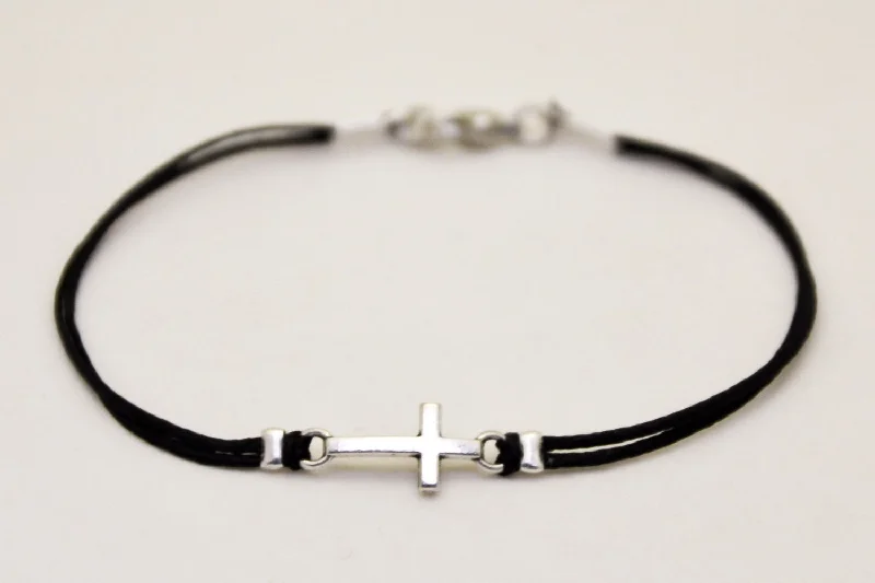 Ladies bracelets bold flair -Cross bracelet for men with black cord, silver charm, Christian gift for him