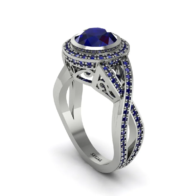 engagement-wedding-diamond-ring-Sapphire Filigree Halo Twist Shank Engagement Ring - Wren No. 75