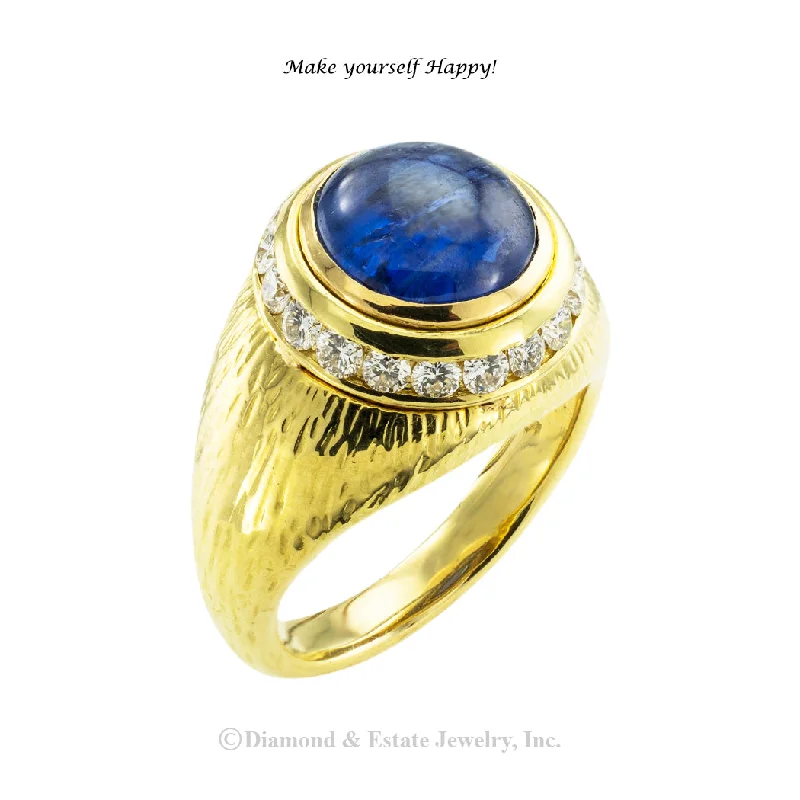 ladies-minimalist-gold-rings-Hammerman Brothers Cabochon Sapphire Diamond Yellow Gold Ring