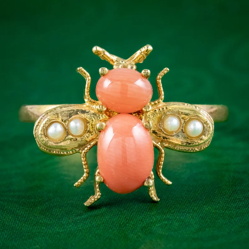 ladies-diamond-unique-rings-Edwardian Style Coral Pearl Bee Ring