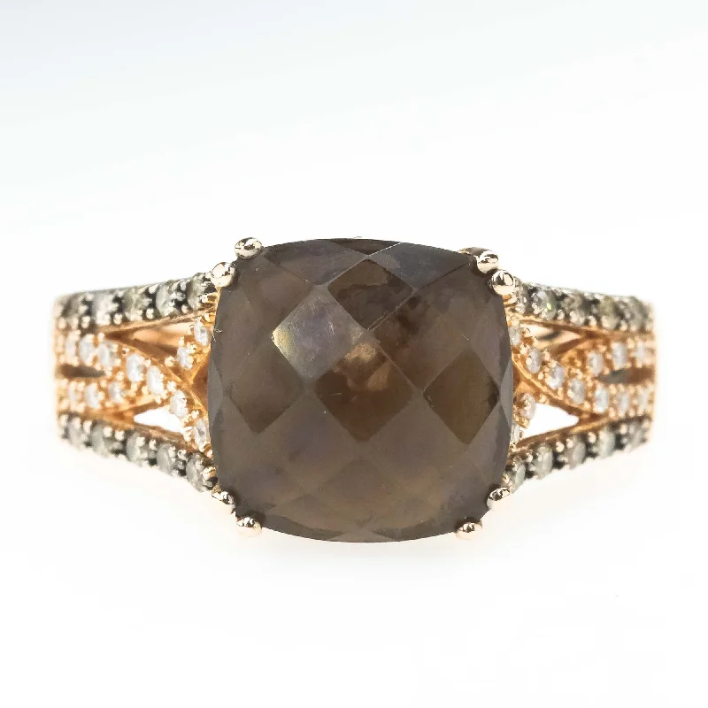 ladies-asscher-cut-emerald-rings-Le Vian Chocolate Smoky Quartz and Diamond Ring in 14K Rose Gold