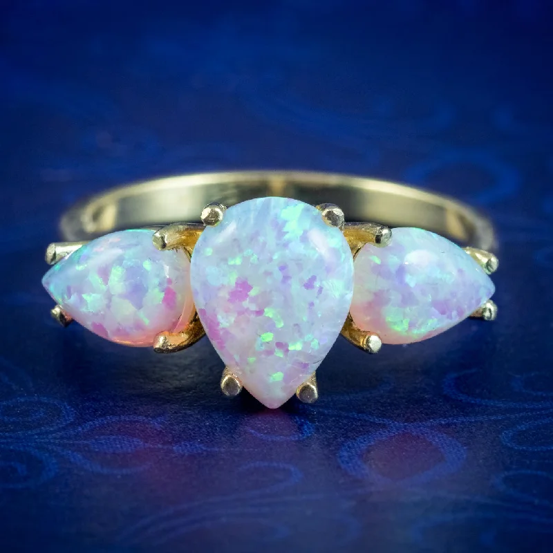 ladies-minimalist-white-gold-rings-Victorian Style Pear Cut Opal Trilogy Ring Silver 18Ct Gold Gilt 3.5Ct Opals