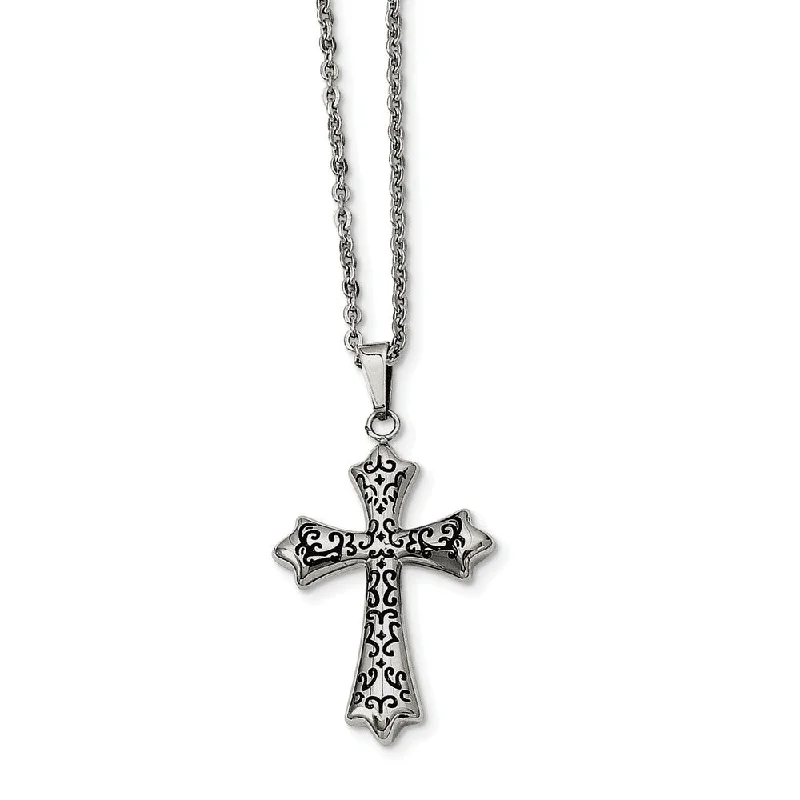 Ladies necklaces for grad celebrations -Stainless Steel and Black-plated Cross Necklace - 20 Inch