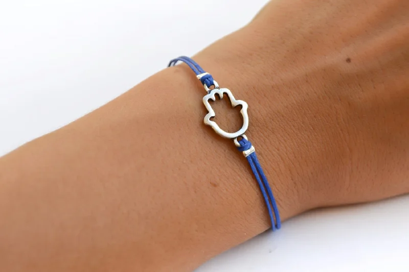 Ladies bracelets premium designs -Blue cord bracelet with a silver Hamsa charm, mothers day gift